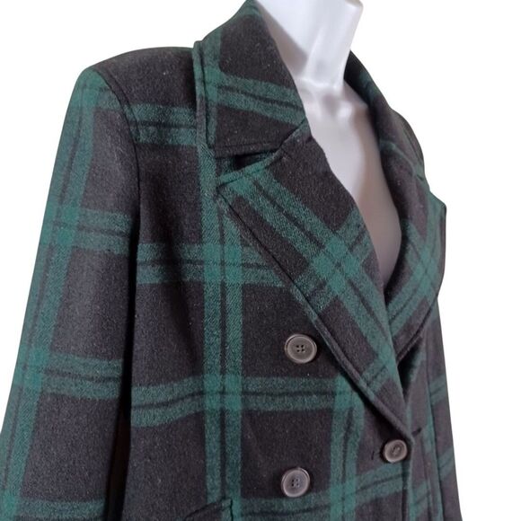 Old Navy Women’s Small Wool Blend Plaid Peacoat Green Black Double Breasted Coat - Picture 3 of 9
